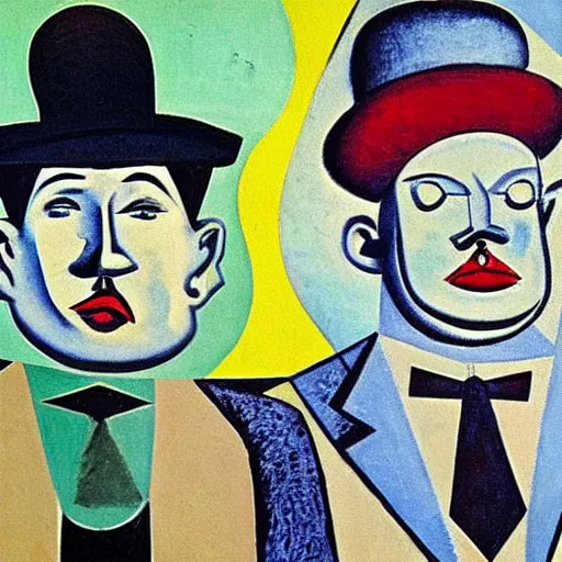 Prompt: high definition portrait of Stan Laurel and Oliver Hardy wearing hats by Pablo Picasso