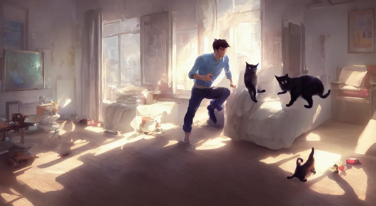 Prompt: a man plays with a cat in a room. digital art. artstation. realistic. vibrant. illustration. in the style of pixar movie. octane render. art by makoto shinkai, stanley artgerm lau, wlop, rossdraws. volumetric lighting.