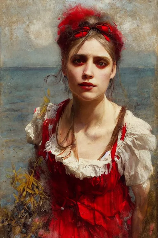 Image similar to Solomon Joseph Solomon and Richard Schmid and Jeremy Lipking victorian genre painting full length portrait painting of a young beautiful woman traditional german french pirate wench in fantasy costume, red background