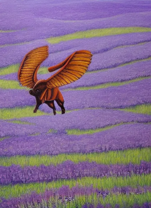 Prompt: A beautiful painting of one flying buffalo with wings in flight over glistening lavender fields at dawn