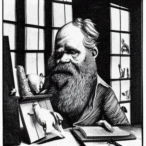 Prompt: Charles Darwin snorting lines of the universe in an art studio, drawing in the style of escher