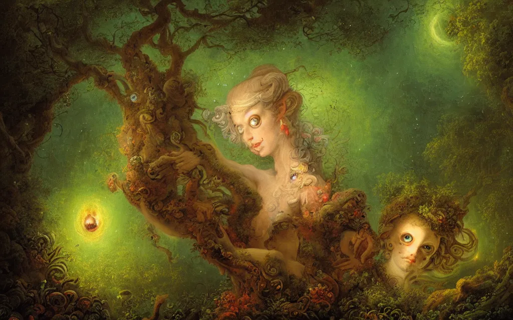 Prompt: a close - up rococo portrait of a dark alien fairy. giant glowing eyes. surrounded by moss, mushrooms, and swamp, 1 8 th century painting by jean - honore fragonard and moebius. fireflies, night time. gloomy bluish environment, blurry organic dark background. sci - fi fantasy renaissance masterpiece. artstation