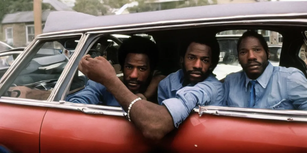 Image similar to bronx, black men sit in the 7 0 s car, holding a magnum, closeup, coloured film photography, bruce davidson photography