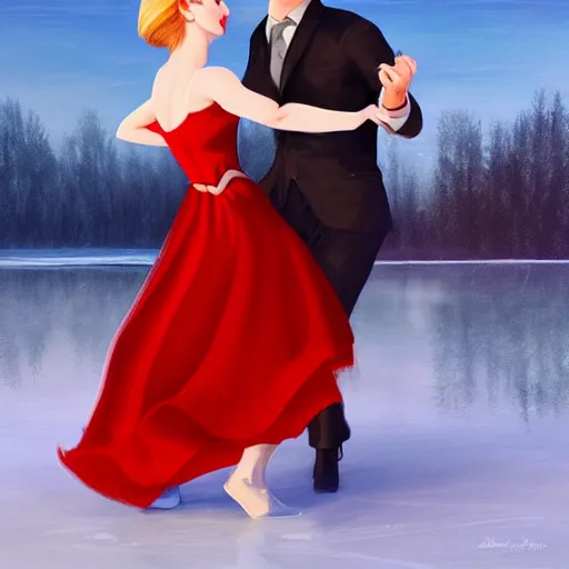 Prompt: a couple dancing tango in a frozen lake by artgerm, girl wears a red dress, Artstation, smooth, natural lighting, illustration, atmospheric