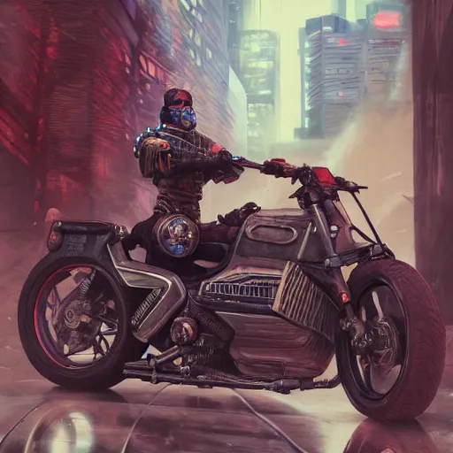 Image similar to extremely detailed realistic render of a cyberpunk samurai riding a motorcycle by James Jean, carig mullins and Syd mead perspective shot ArtStation, CGSociety
