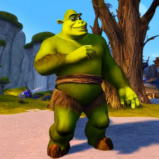 Image similar to shrek in world of warcraft, game graphics, clear, sharp, highly detailed