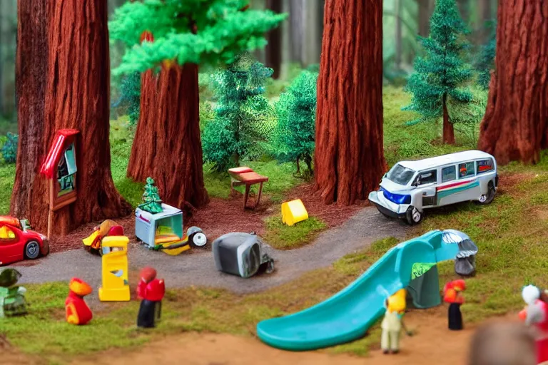 Image similar to fisher price redwood forest, california scene from tv show hyper detailed 5 5 mm 8 5 mm, toy photography, made out of plastic