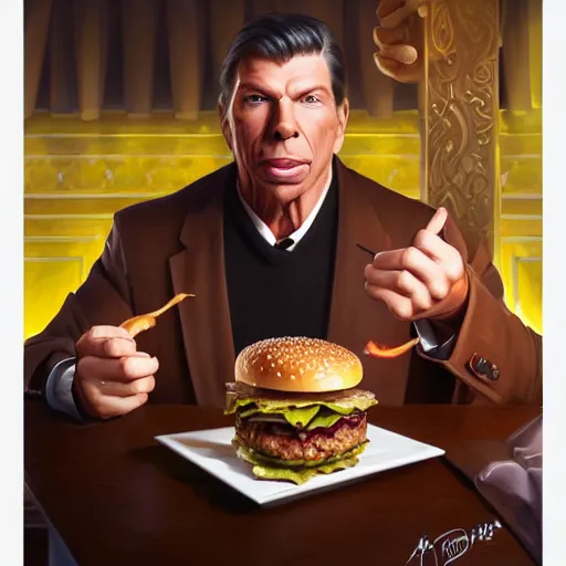 Prompt: portrait of vince mcmahon eating hamburgers, extra onions and ketchup, luscious patty with sesame seeds, feminine ethereal, handsome, d & d, fantasy, intricate, elegant, highly detailed, digital painting, artstation, concept art, matte, sharp focus, illustration, art by artgerm and greg rutkowski and alphonse mucha