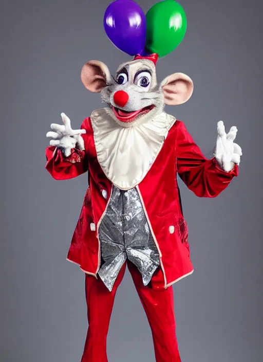 Image similar to Chuck E. Cheese mascot low quality 2007 circus portrait of an anthropomorphic rat animatronic dressed like a clown, professional portrait, official photo, camera flash, dimly lit, Chuck E. Cheese head, authentic, mouse, costume weird creepy, off putting, nightmare fuel, Chuck E. Cheese