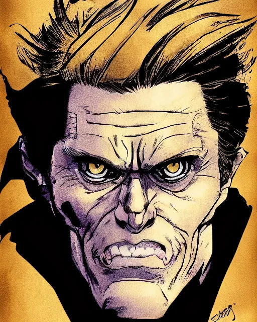 Image similar to Digital color ink drawing of Willem Dafoe from JoJo\'s Bizzare Adventure, highly detailed, sharp focus, screentone shading, 1990 manga panel, trending on ArtStation, manga cover art drawn by Hirohiko Araki