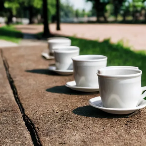 Image similar to 4 round, old, ceramic coffee cups strolling through an idyllic park while drinking coffee