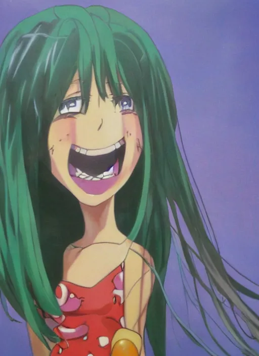 Prompt: an oil panting of a anime girl caricature with a big dumb grin featured on Nickelodeon by Quentin Matsys