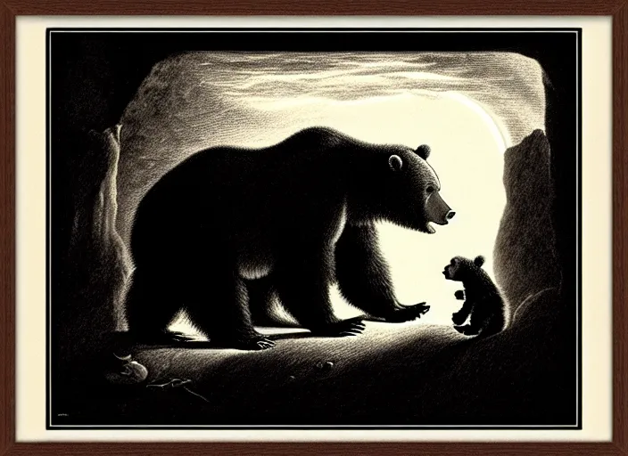 Image similar to Pieter Claesz's 'a bear and her cub sleeping in a dark cave, lit by hole in roof', night time, cross hatching, backlit, beautiful wooden frame, monochrome, colours of the sunset