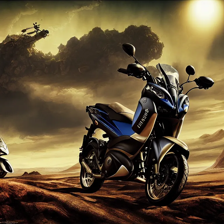 Prompt: landscape ad for yamaha aerox 2 0 0 4 motorbike in dirty wastelands on exoplanet, baroque painting, dramatic sky, beautiful intricate insanely detailed octane render, artstation, 8 k artistic photography, photorealistic, volumetric perfect light, chiaroscuro, raphael, caravaggio, beksinski, rutkowski, giger