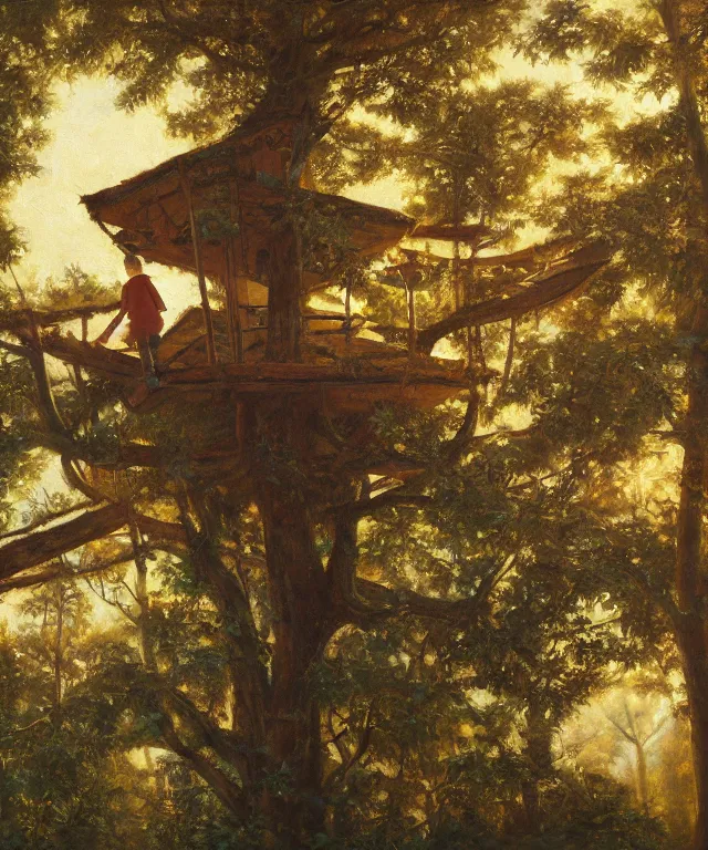 Image similar to masterful oil on canvas painting, eye - level view, shot from 5 0 feet distance, of a kid playing in a treehouse. in the background is a whimsical forest. golden hour, detailed, depth, volume, chiaroscuro, quiet intensity, vivid color palette.