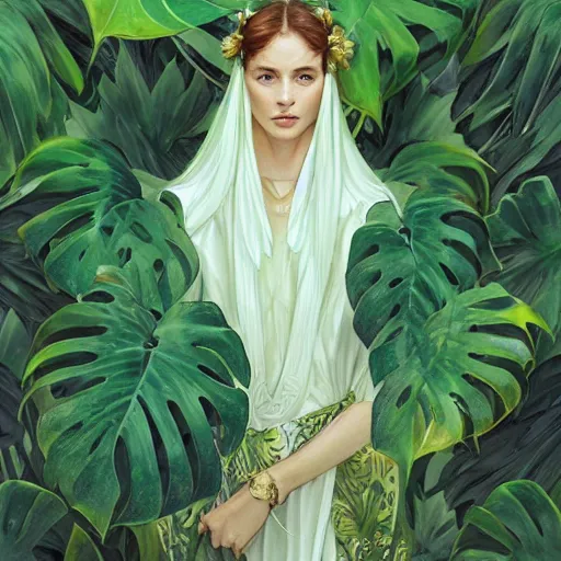 Image similar to a woman monstera druid with monstera leaf themed clothing, fully clothed, D&D, fantasy, intricate, cinematic lighting, highly detailed, digital painting, artstation, concept art, smooth, sharp focus, illustration, art by Artgerm and Greg Rutkowski and Alphonse Mucha