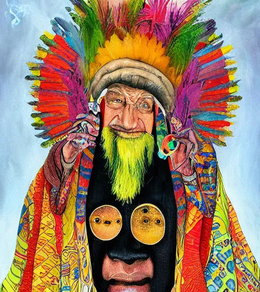 Image similar to Portrait painting in a style of Hieronim Bosch of an old shaman dressed in a colorful traditional clothes. Psychodelic