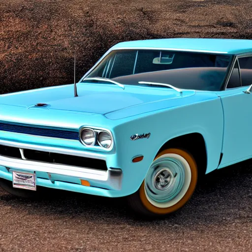 Prompt: A realistic photo of a beater Powder Blue Dodge Aspin