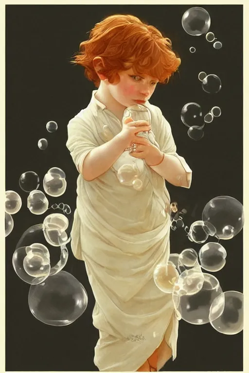 Prompt: a little boy with very short ginger hair chasing bubbles. clean elegant simple illustration, beautiful detailed face. by artgerm and greg rutkowski and alphonse mucha