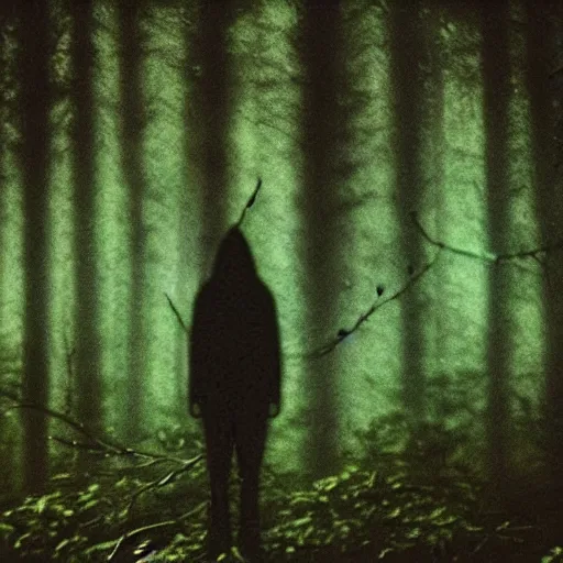 Image similar to grainy surveillance photo still of an alien in the woods at night hiding in the trees of a forest