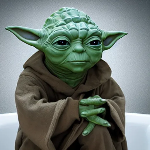 Image similar to yoda sitting on toilet