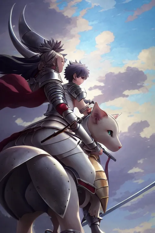 Image similar to a full body of the female knight riding a giant cat with gigantic sword, finely detailed features, closeup at the faces, perfect art, gapmoe yandere grimdark, trending on pixiv fanbox, painted by miura kentaro greg rutkowski makoto shinkai takashi takeuchi studio ghibli, akihiko yoshida