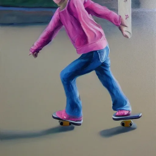 Prompt: girl playing skateboard, oil painting