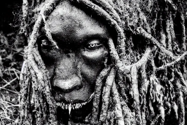 Image similar to a 1905 colonial closeup photograph of an African scary tribal voodoo ghost in a village at the river bank of Congo , Thick jungle,scary, evil looking, wide angle shot