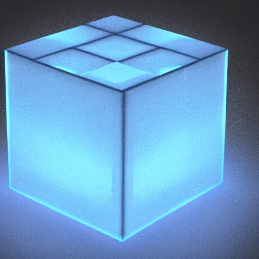 Prompt: a cinema 4d render of a translucent blue cube, black background, bloom, flares