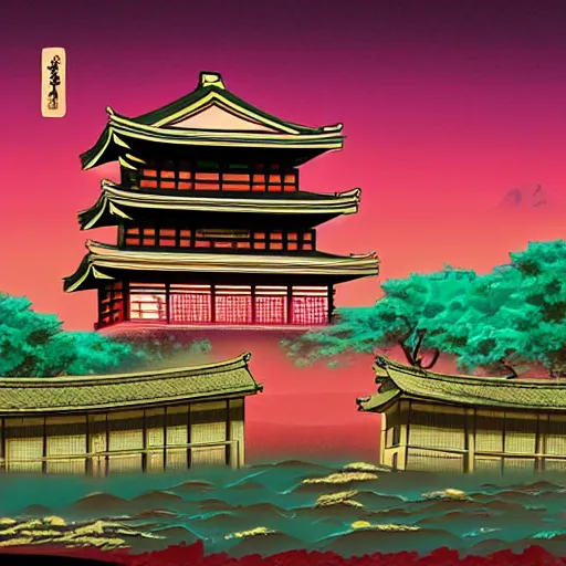 Image similar to ancient japanese structure, epic retrowave art, trending on art station