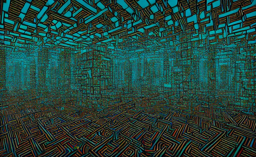 Prompt: interior of an elaborate labyrinth of runic cubes, dark teal, endless maze - like runes, ultrarealistic beautiful cinematic lighting, sharp focus, masterpiece by satoshi kon, crystal cubism, greeble, tesseract, darksynth, high definition