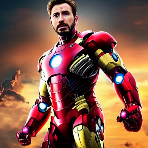 Image similar to Chris Evans in an iron man suit, 8k ultra hd, hyper detailed