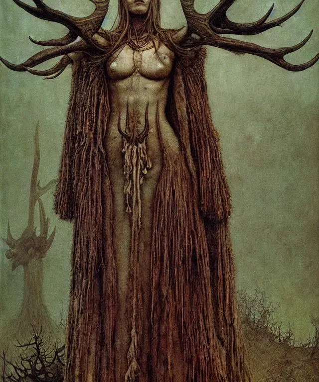 Prompt: A detailed horned antelopewoman stands by the forest. Wearing a ripped mantle, robe. Perfect faces, extremely high details, realistic, fantasy art, solo, masterpiece, art by Zdzisław Beksiński, Arthur Rackham, Dariusz Zawadzki