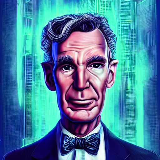 Prompt: portrait of bill nye with dreadlocks, cyberpunk setting, futuristic, highly detailed, intricate lighting, digital painting, sharp focus, illustration, trending on artstation, art by magali villenueve