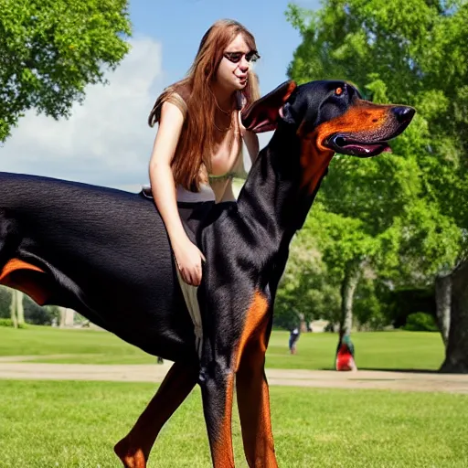 Image similar to girl riding a giant doberman dog in the park, trending on artstation