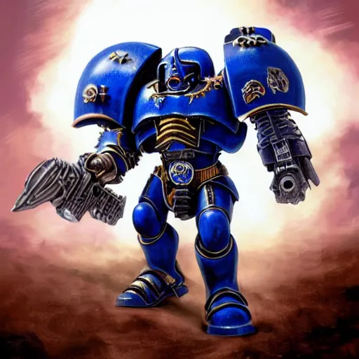 Prompt: Hyper-realistic Warhammer 40k ultramarine fighting against the forces of chaos