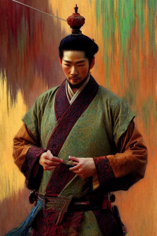 Image similar to attractive man, tang dynasty, cool colors, painting by gaston bussiere, craig mullins, greg rutkowski, alphonse mucha