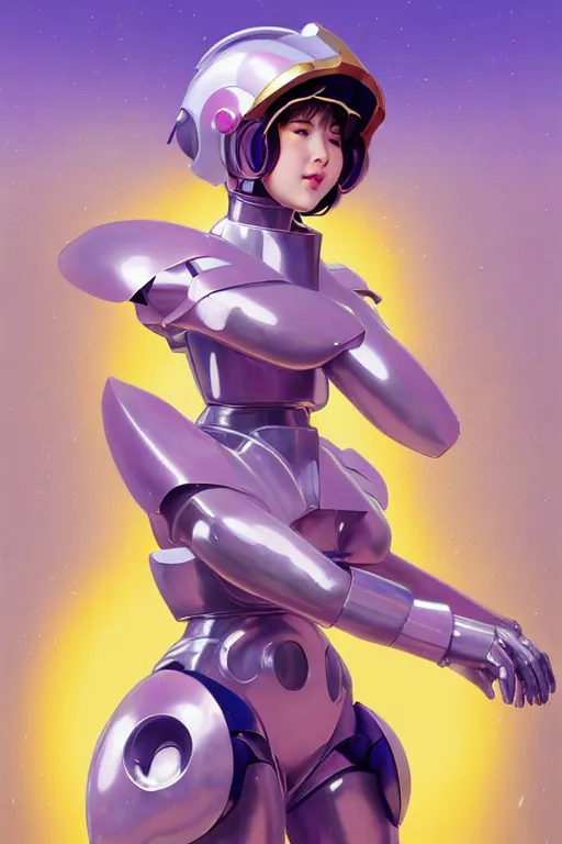 Image similar to uncropped full body character portrait, mecha magical girl with a heart visor helmet mid magical girl transformation sequence, Tokusatsu Suit vaporwave, digital art, artstation, by sailor moon Ilya repin, alphonse mucha, and Edmund Blair Leighton. Very highly detailed 8K, octane, Digital painting, the golden ratio, rational painting, Rung, two arms