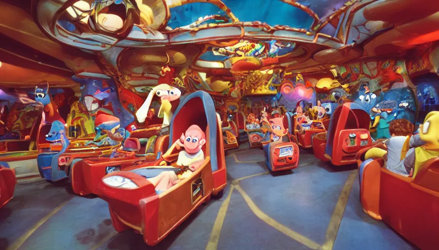 Image similar to 1990s photo of inside the Ren & Stimpy ride at Universal Studios in Orlando, Florida, children riding through the space ship episode with Log and soap , cinematic, UHD