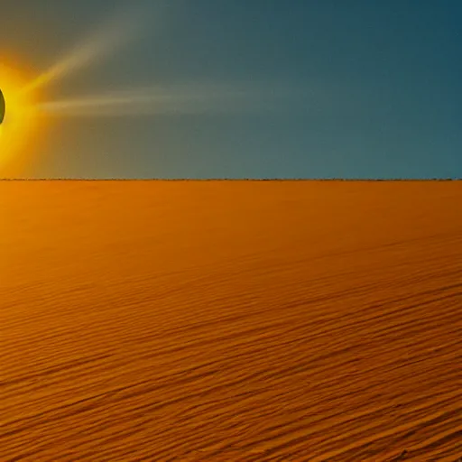 Image similar to big sun on horizon with smooth ground and parallel shadows