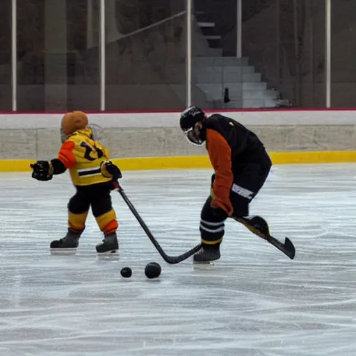 Prompt: a duck playing hockey