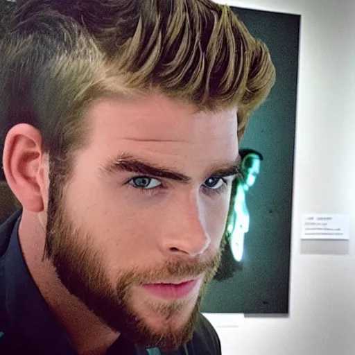 Image similar to “ a realistic detailed photo of a guy who is an attractive humanoid who is half robot and half humanoid, who is a male android, actor liam hemsworth, shiny skin, posing like a statue, blank stare, at the museum, on display ”