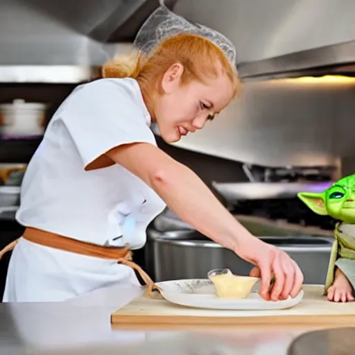 Prompt: tiny and innocent baby yoda appears as a chef wearing a white chefs hat and apron in a beautiful kitchen, preparing some food