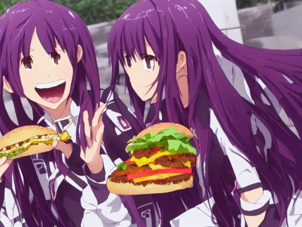 Image similar to yuuki konno from sword art online eating a big burger and being happy, purple hair, High Definition detail, 8K, anime