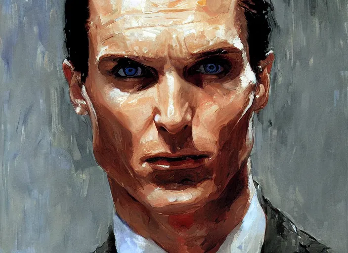 Image similar to a highly detailed unsettling portrait of american psycho patrick bateman, by gregory manchess, james gurney, james jean