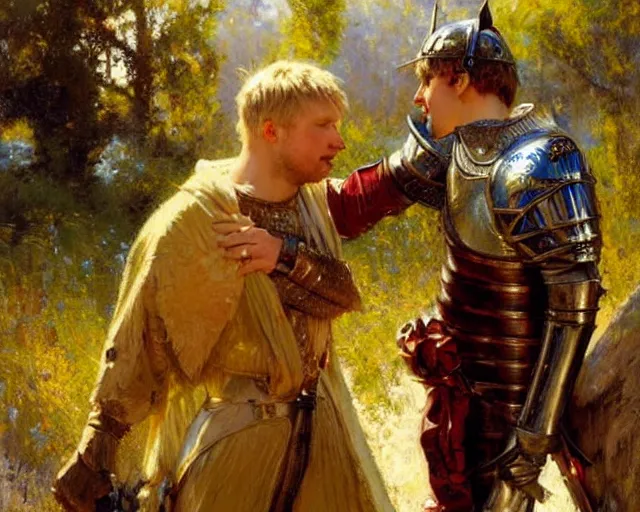 Image similar to arthur pendragon flirting wit his knight. the knight is also flirting back, highly detailed painting by gaston bussiere, craig mullins, j. c. leyendecker