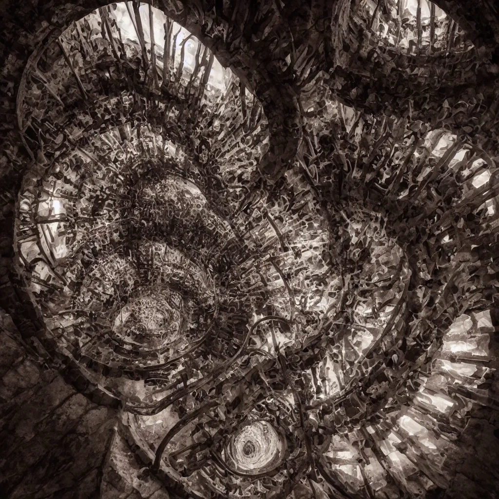 Image similar to , grand spiral stairs going down deep in a dark hole, many doors, by antoni gaudi and greg rutkowski, dramatic volumetric cinematic light, chiaroscuro, cinematic, hyperrealist, high detailed