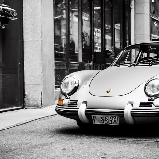Prompt: An old porsche parked in front of a cafe in NYC, vintage photo, DSLR, black and white, close-up