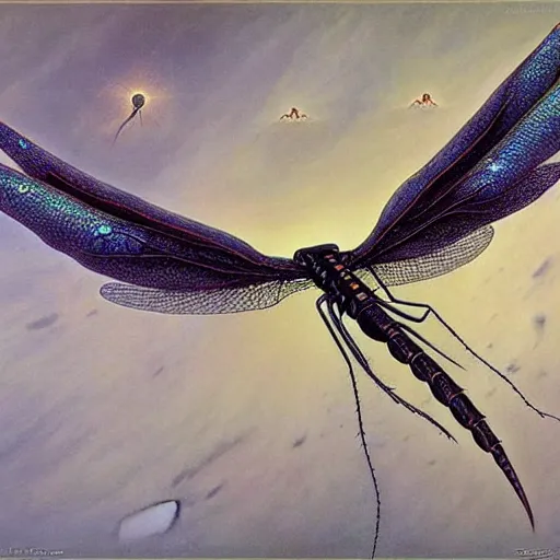 Image similar to cosmic alien dragonflies await you at the end of all of space and time by Gerald Brom and Zdzisław Beksiński