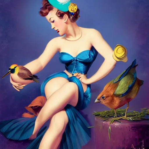 Image similar to pinup girl holding an indigo bunting, bird, the bird is wearing a crown and bowtie by greg rutkowski, rossdraws, gil elvgren, enoch bolles, anime, very coherent